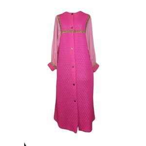 Vintage 60's Quilted Robe Gold Floral Trim Flowy Sleeve Hot Pink Maxi‎ Mod M
